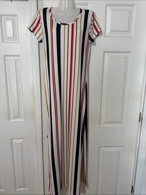 Discreet Cream Maxi Dress with Navy, Red & Tan Stripes